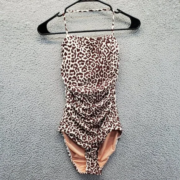 J. Crew Ruched Bandeau One-Piece Swimsuit Leopard Print Size 0 New - Picture 2 of 11